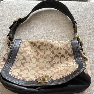 Coach Tan and Black Signature Shoulder Bag